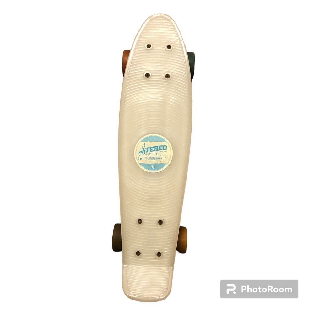 Vintage Stereo Skateboard Company 22" White Vinyl Penny Board With Multi Color